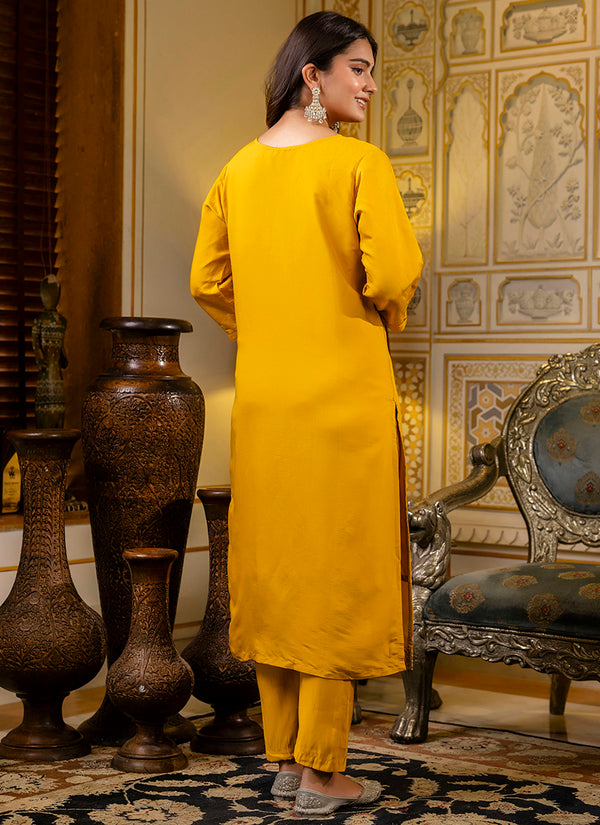 Vellora Silk Blend Mustard Occasional Wear Embroidery Work Readymade Salwar Suit