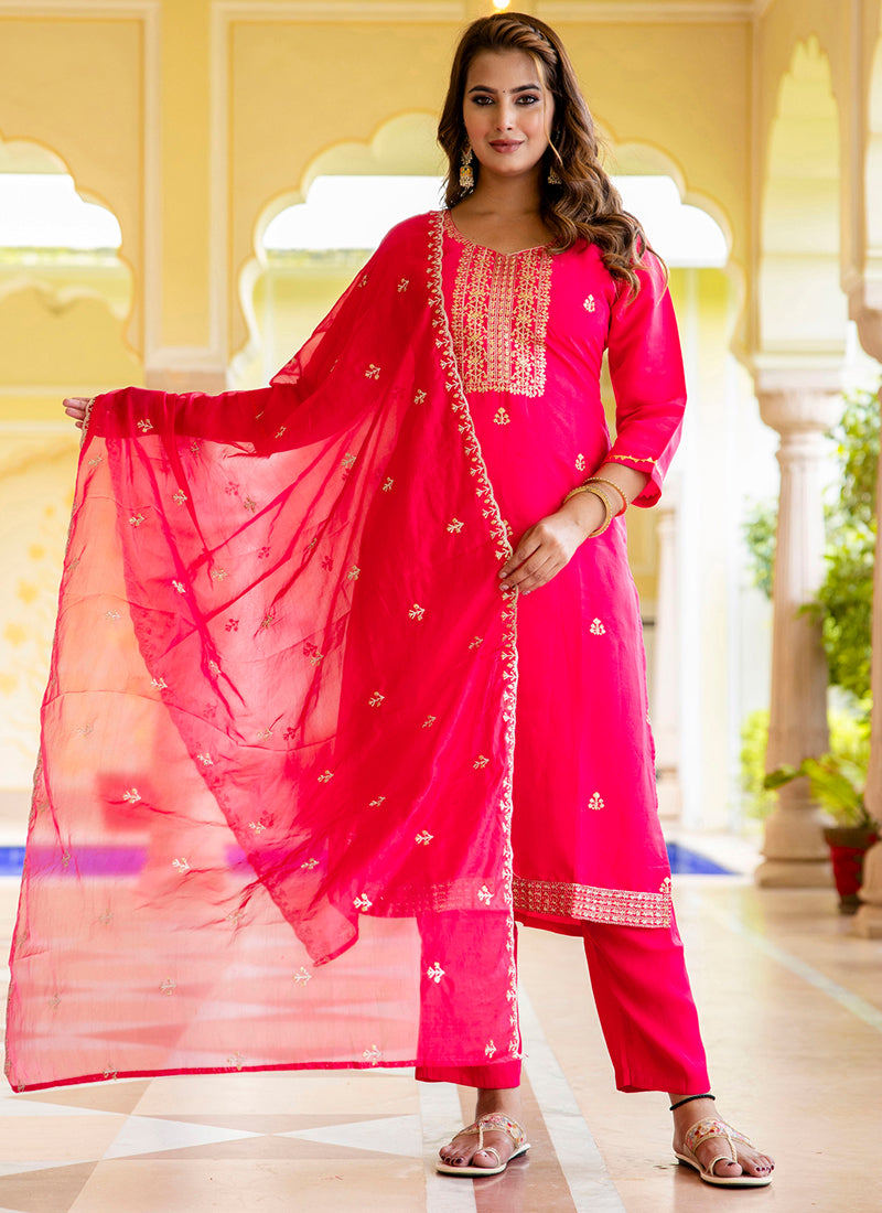 Vellora Silk Blend Hot Pink Occasional Wear Embroidery Work Readymade Salwar Suit