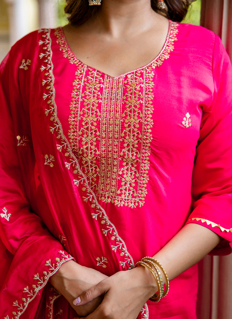 Vellora Silk Blend Hot Pink Occasional Wear Embroidery Work Readymade Salwar Suit