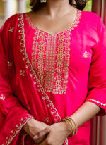 Thumbnail for Vellora Silk Blend Hot Pink Occasional Wear Embroidery Work Readymade Salwar Suit