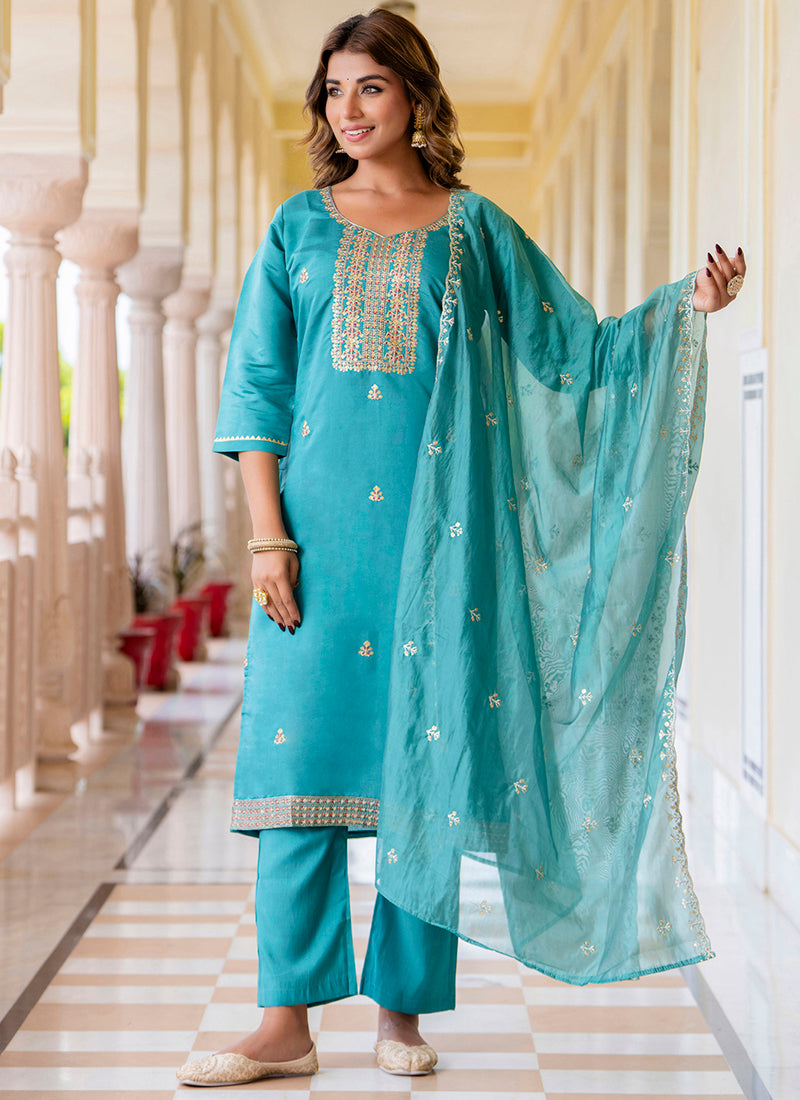 Vellora Silk Blend Blue Occasional Wear Embroidery Work Readymade Salwar Suit