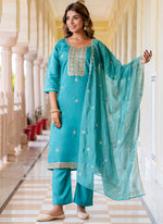 Thumbnail for Vellora Silk Blend Blue Occasional Wear Embroidery Work Readymade Salwar Suit