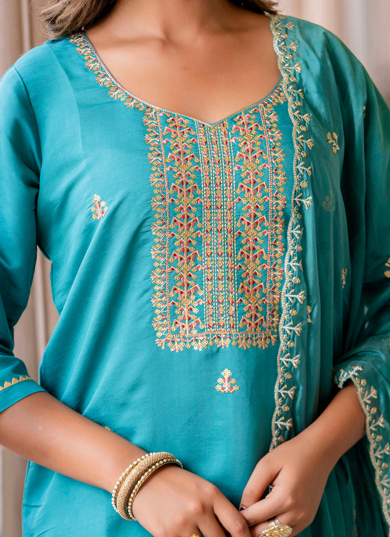 Vellora Silk Blend Blue Occasional Wear Embroidery Work Readymade Salwar Suit