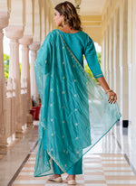 Thumbnail for Vellora Silk Blend Blue Occasional Wear Embroidery Work Readymade Salwar Suit