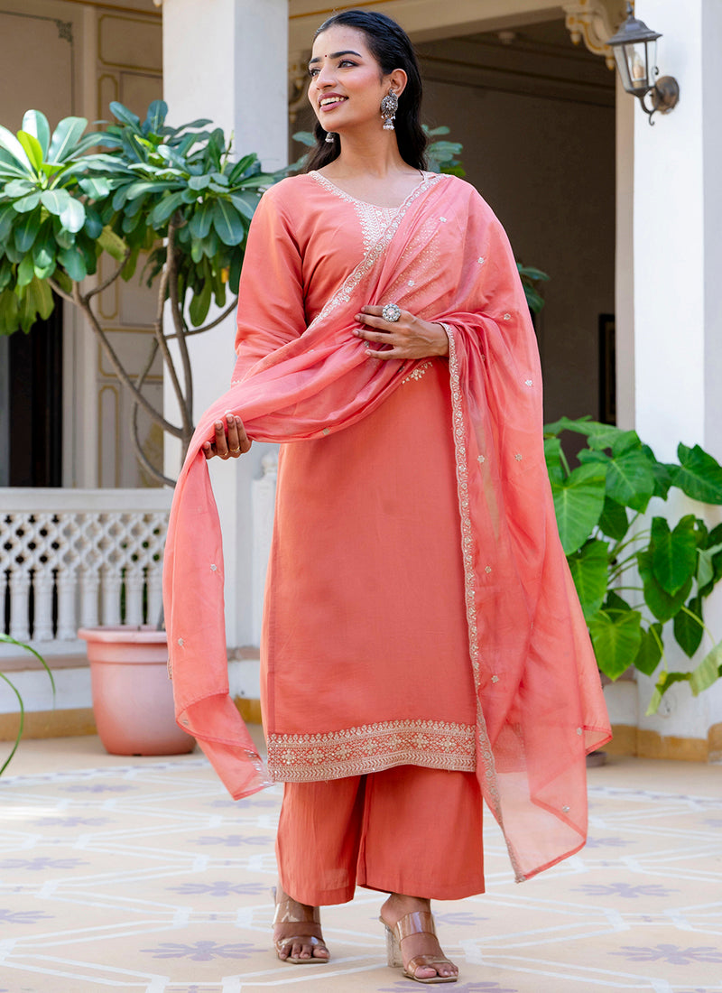 Vellora Silk Blend Peach Casual Wear Embroidery Work Readymade Salwar Suit