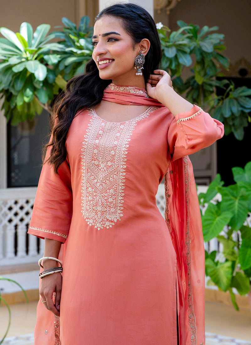 Vellora Silk Blend Peach Casual Wear Embroidery Work Readymade Salwar Suit