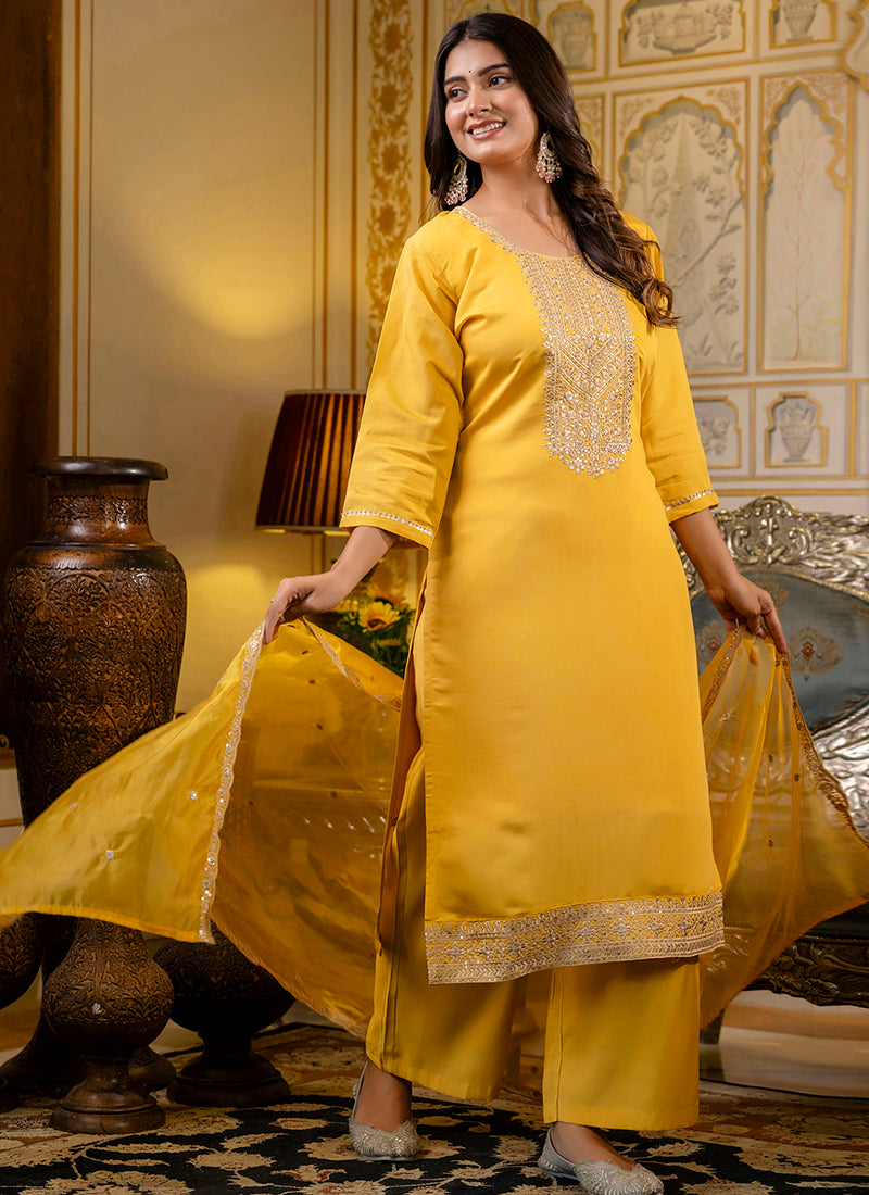 Vellora Silk Blend Yellow Casual Wear Embroidery Work Readymade Salwar Suit