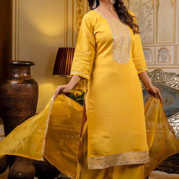 Vellora Silk Blend Yellow Casual Wear Embroidery Work Readymade Salwar Suit - Distacart