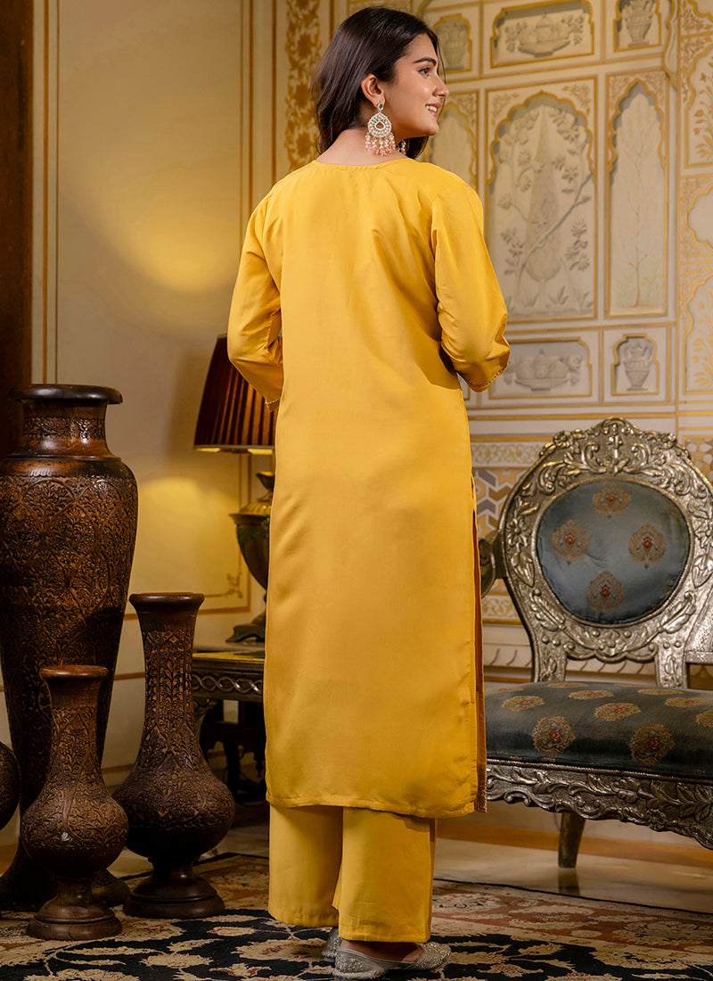 Vellora Silk Blend Yellow Casual Wear Embroidery Work Readymade Salwar Suit
