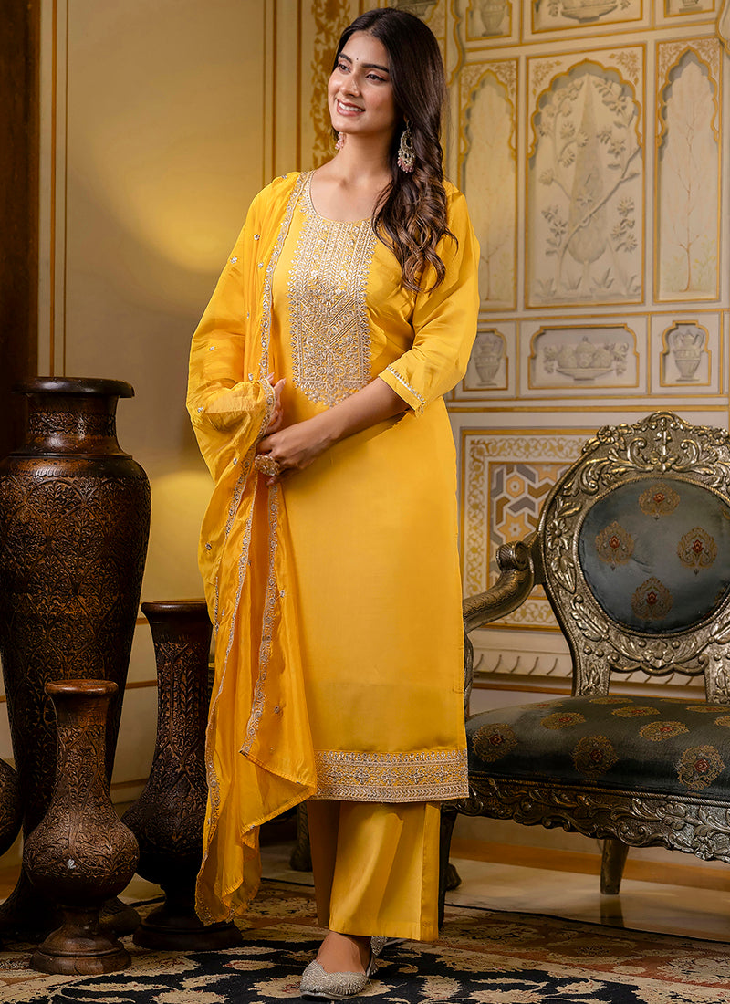 Vellora Silk Blend Yellow Casual Wear Embroidery Work Readymade Salwar Suit