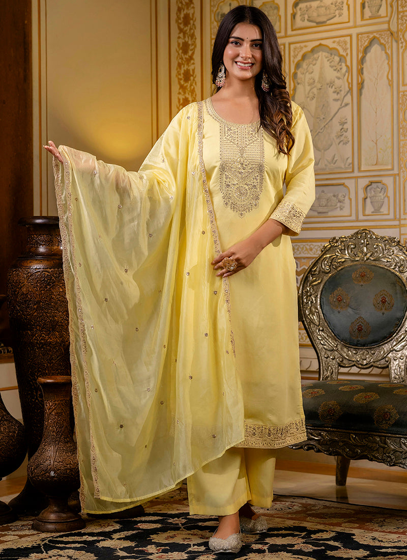 Vellora Silk Blend Light Yellow Casual Wear Embroidery Work Readymade Salwar Suit