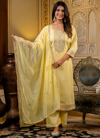 Vellora Silk Blend Light Yellow Casual Wear Embroidery Work Readymade Salwar Suit