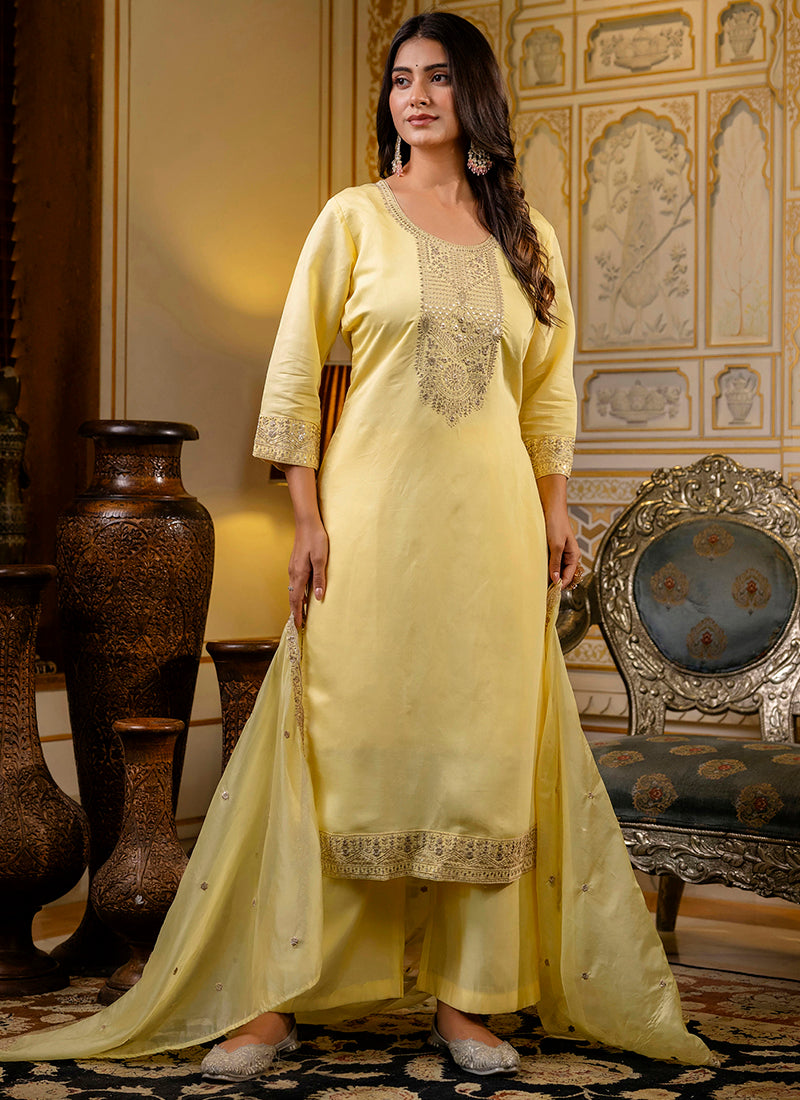 Vellora Silk Blend Light Yellow Casual Wear Embroidery Work Readymade Salwar Suit