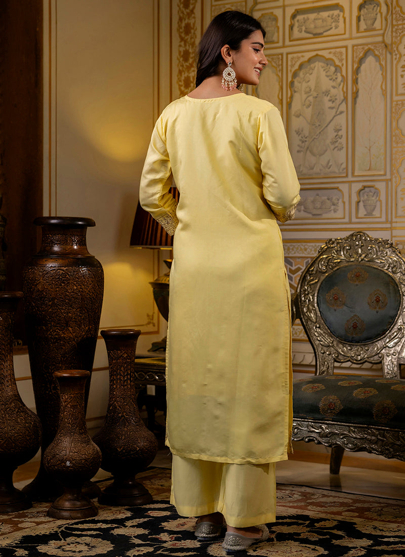 Vellora Silk Blend Light Yellow Casual Wear Embroidery Work Readymade Salwar Suit