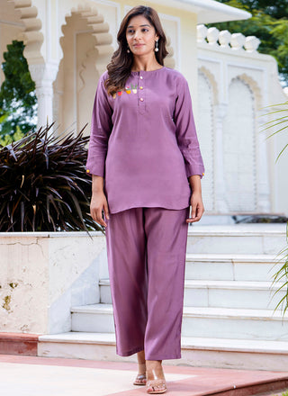 Vellora Silk Blend Lavender Casual Wear Hand Work Readymade Salwar Suit