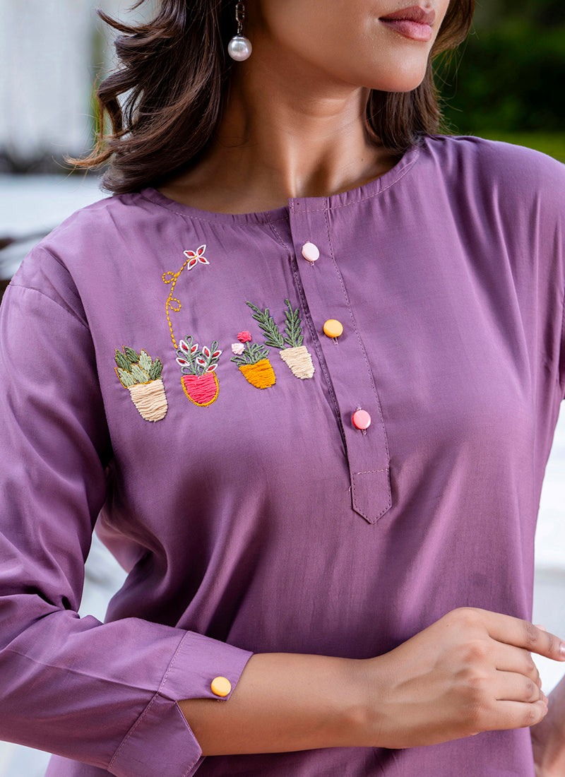 Vellora Silk Blend Lavender Casual Wear Hand Work Readymade Salwar Suit