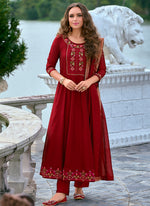 Thumbnail for Vellora Vichitra Silk Red Party Wear Embroidery Work Readymade Salwar Suit