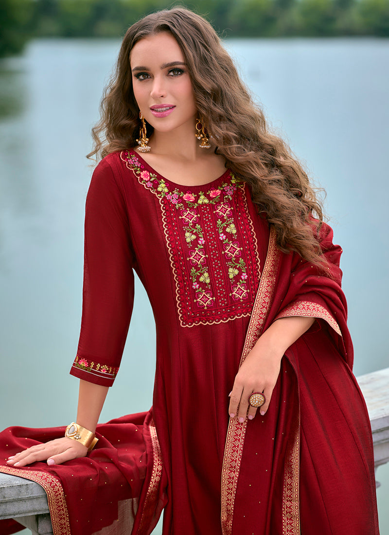 Vellora Vichitra Silk Red Party Wear Embroidery Work Readymade Salwar Suit