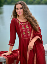 Thumbnail for Vellora Vichitra Silk Red Party Wear Embroidery Work Readymade Salwar Suit