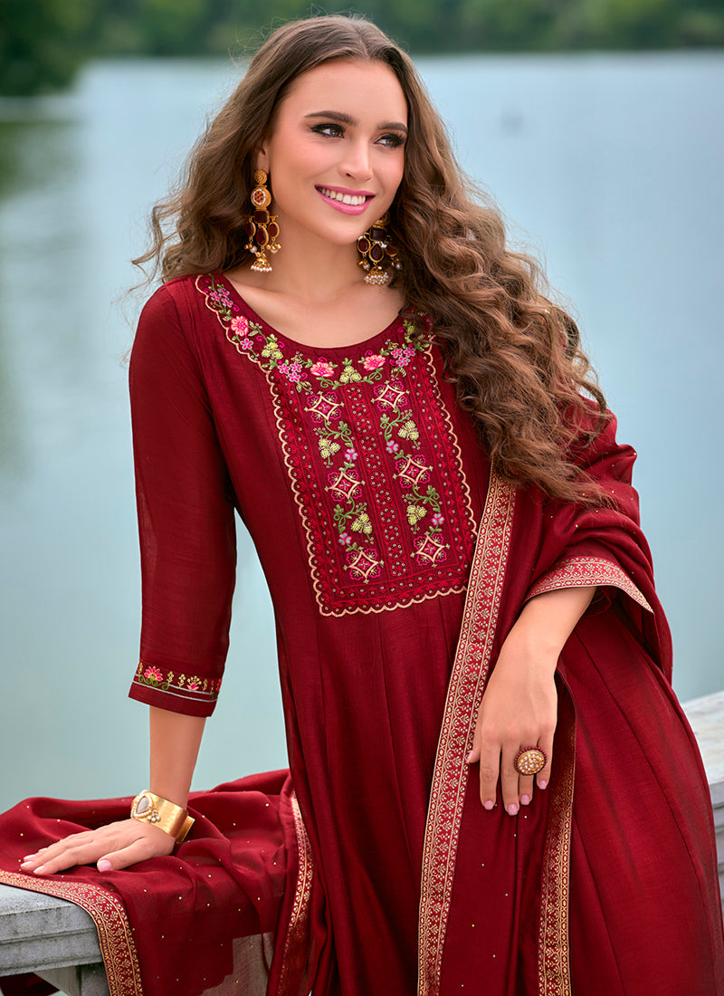 Vellora Vichitra Silk Red Party Wear Embroidery Work Readymade Salwar Suit