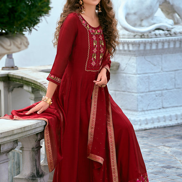 Vellora Vichitra Silk Red Party Wear Embroidery Work Readymade Salwar Suit - Distacart