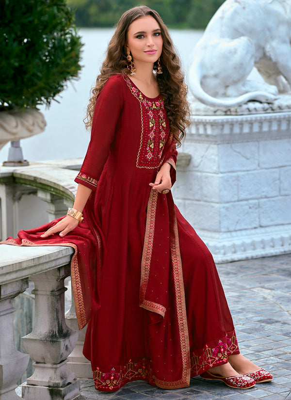 Vellora Vichitra Silk Red Party Wear Embroidery Work Readymade Salwar Suit