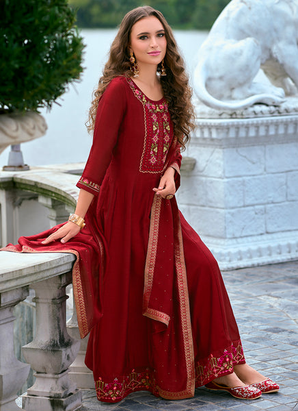 Vellora Vichitra Silk Red Party Wear Embroidery Work Readymade Salwar Suit