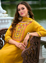 Thumbnail for Vellora Vichitra Silk Mustard Party Wear Embroidery Work Readymade Salwar Suit