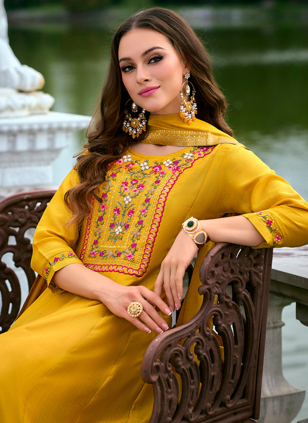 Vellora Vichitra Silk Mustard Party Wear Embroidery Work Readymade Salwar Suit