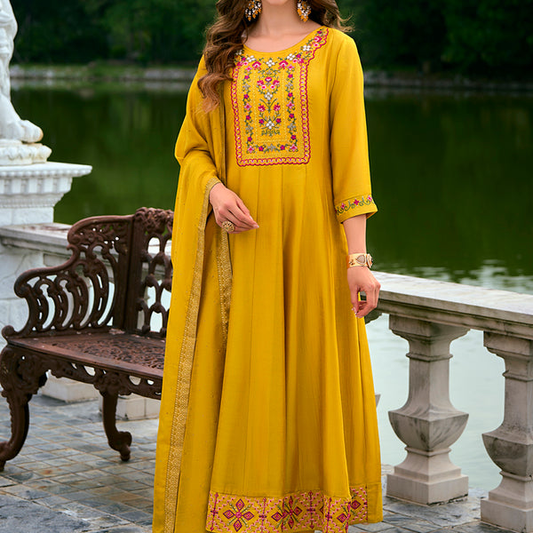Vellora Vichitra Silk Mustard Party Wear Embroidery Work Readymade Salwar Suit - Distacart