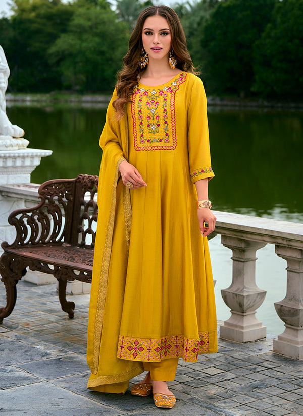 Vellora Vichitra Silk Mustard Party Wear Embroidery Work Readymade Salwar Suit