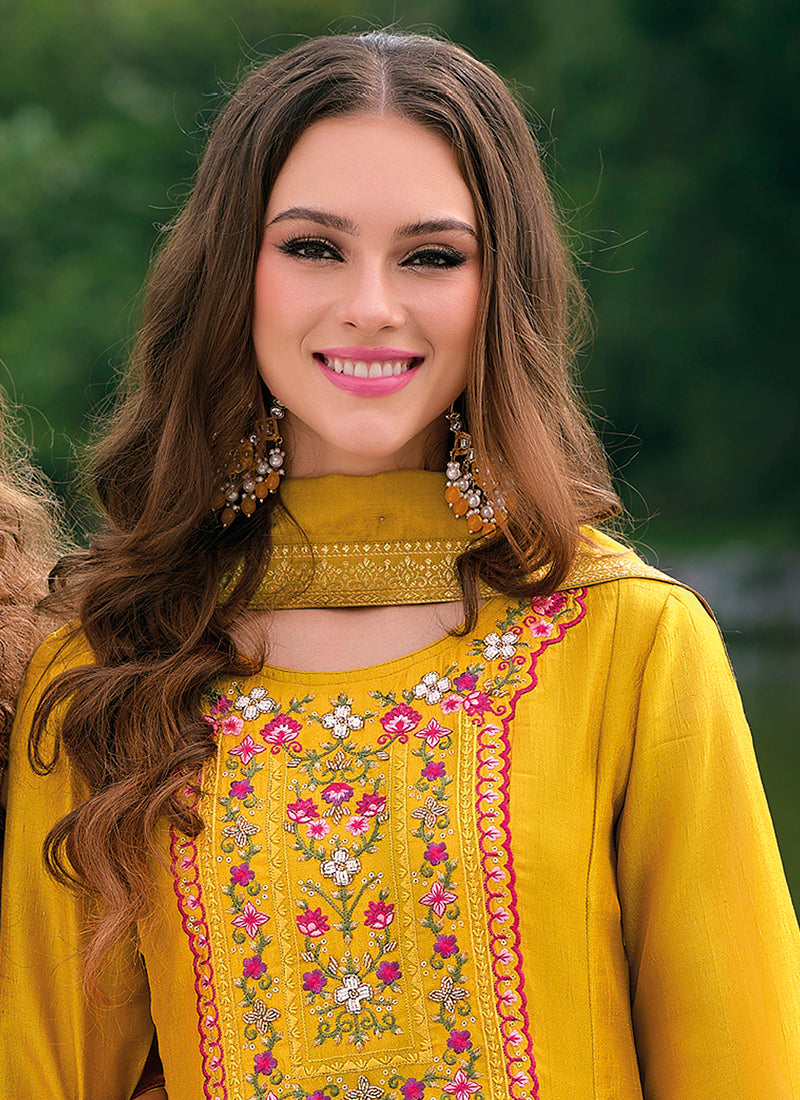 Vellora Vichitra Silk Mustard Party Wear Embroidery Work Readymade Salwar Suit
