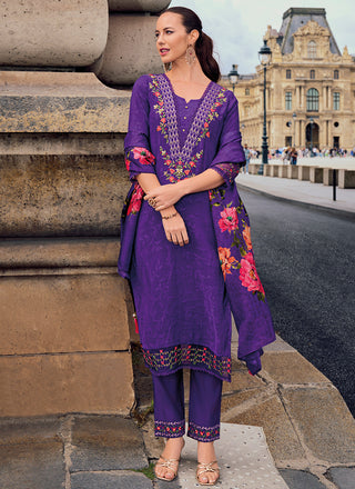 Vellora Viscose Silk Purple Ocassional Wear Embroidery Work Readymade Salwar Suit