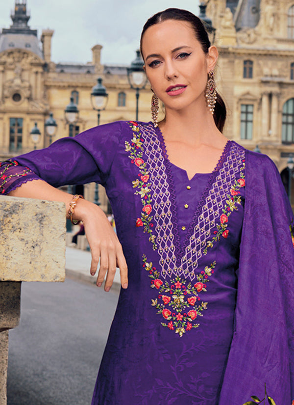 Vellora Viscose Silk Purple Ocassional Wear Embroidery Work Readymade Salwar Suit