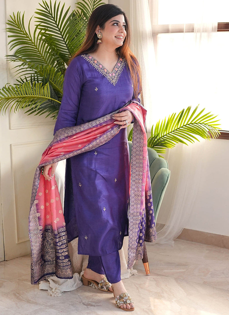 Vellora Vichitra Silk Violet Casual Wear Embroidery Work Readymade Salwar Suit