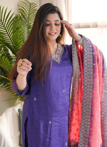 Thumbnail for Vellora Vichitra Silk Violet Casual Wear Embroidery Work Readymade Salwar Suit