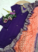 Thumbnail for Vellora Vichitra Silk Violet Casual Wear Embroidery Work Readymade Salwar Suit