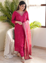 Thumbnail for Vellora Vichitra Silk Rani Pink Casual Wear Embroidery Work Readymade Salwar Suit