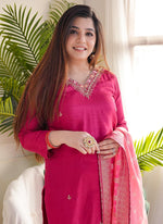 Thumbnail for Vellora Vichitra Silk Rani Pink Casual Wear Embroidery Work Readymade Salwar Suit