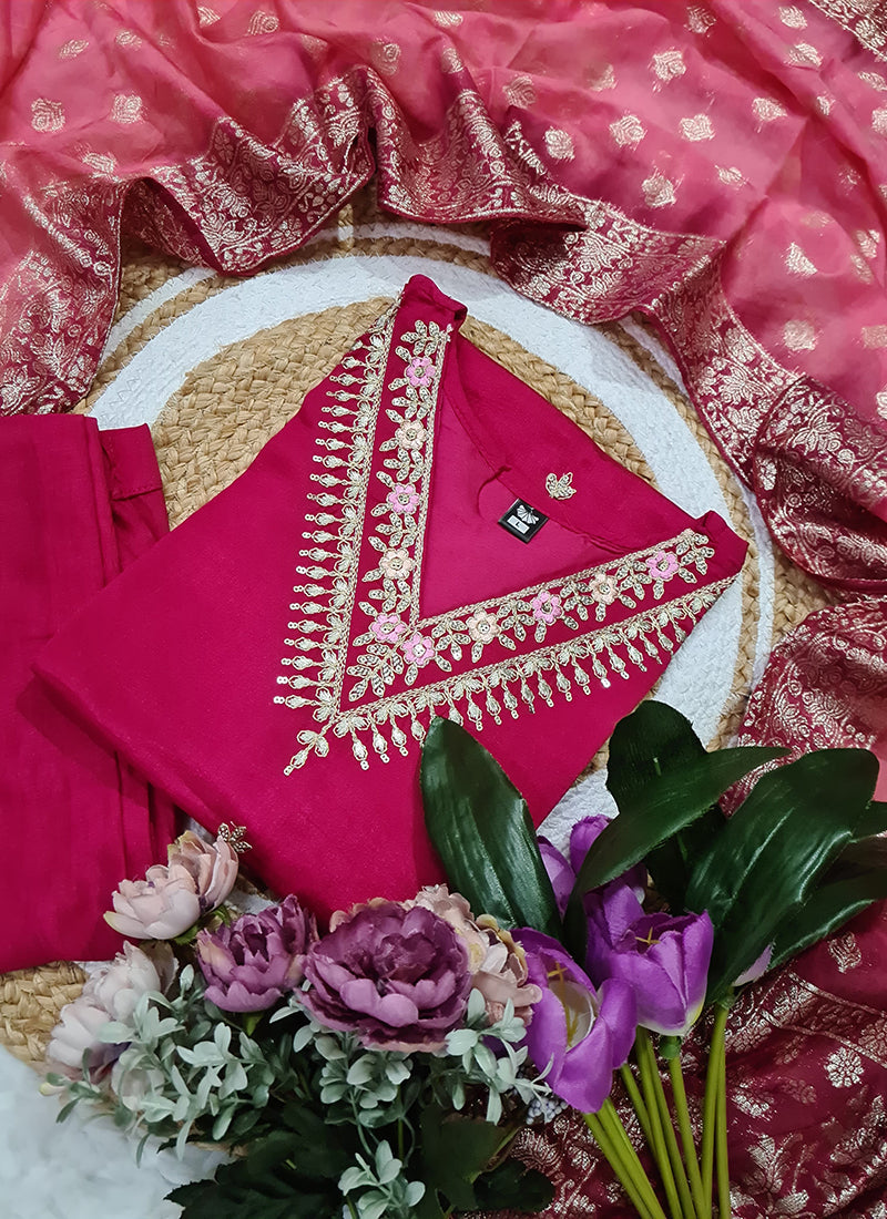 Vellora Vichitra Silk Rani Pink Casual Wear Embroidery Work Readymade Salwar Suit