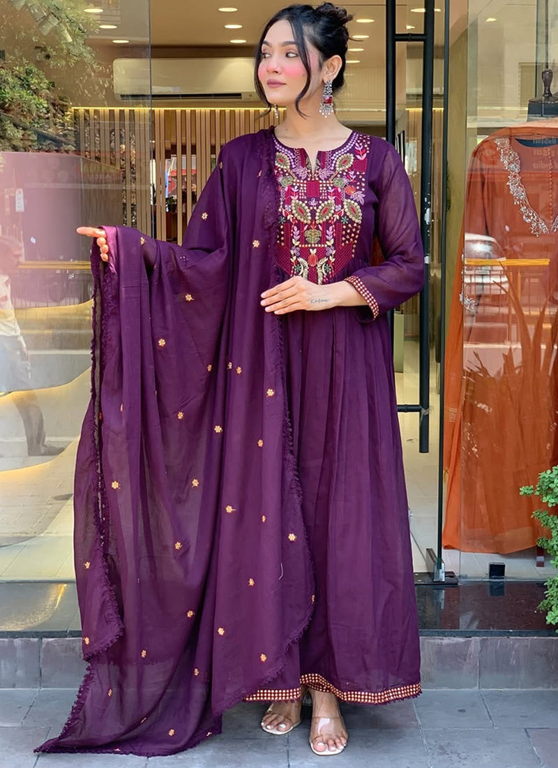 Vellora Viscose Chanderi Violet Casual Wear Embroidery Work Readymade Anarkali Suit