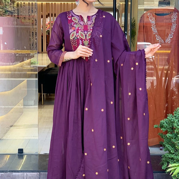 Vellora Viscose Chanderi Violet Casual Wear Embroidery Work Readymade Anarkali Suit