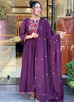 Thumbnail for Vellora Viscose Chanderi Violet Casual Wear Embroidery Work Readymade Anarkali Suit