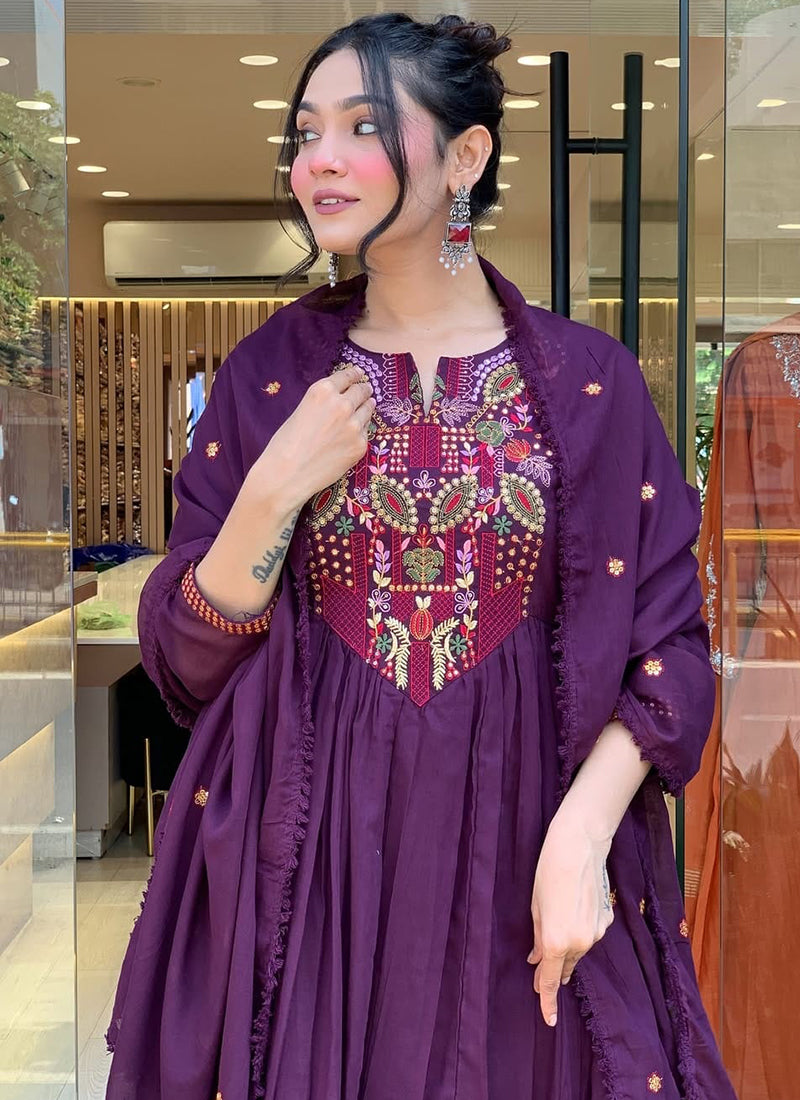 Vellora Viscose Chanderi Violet Casual Wear Embroidery Work Readymade Anarkali Suit