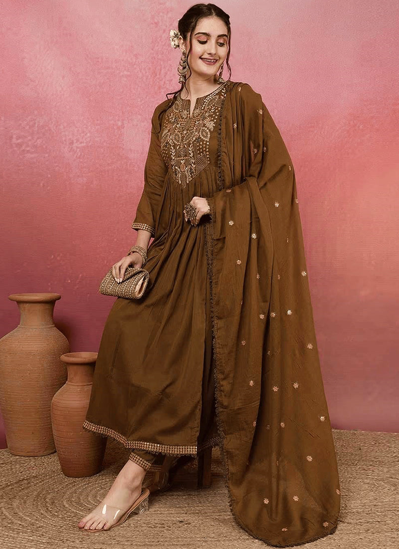 Vellora Viscose Chanderi Brown Casual Wear Embroidery Work Readymade Anarkali Suit