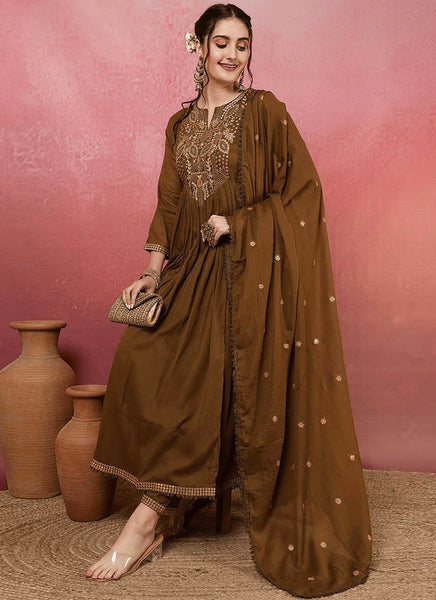 Vellora Viscose Chanderi Brown Casual Wear Embroidery Work Readymade Anarkali Suit