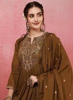 Thumbnail for Vellora Viscose Chanderi Brown Casual Wear Embroidery Work Readymade Anarkali Suit