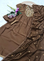 Thumbnail for Vellora Viscose Chanderi Brown Casual Wear Embroidery Work Readymade Anarkali Suit