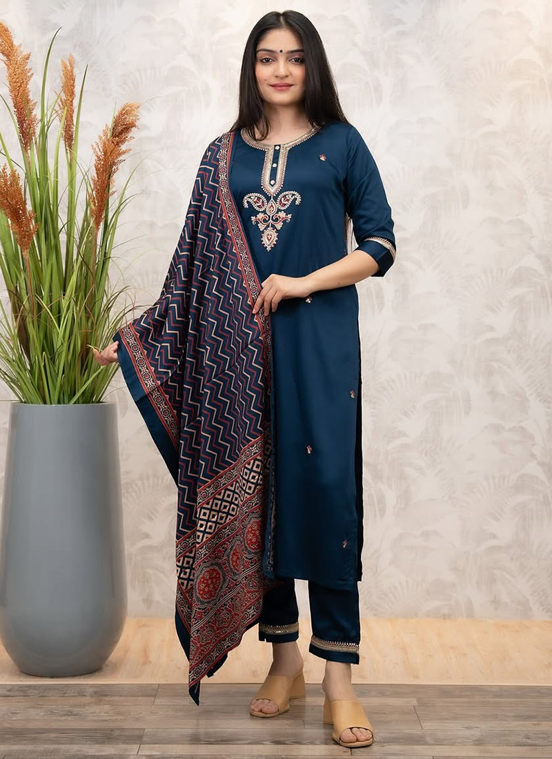 Vellora Viscose Chanderi Navy Blue Casual Wear Embroidery Work Readymade Salwar Suit