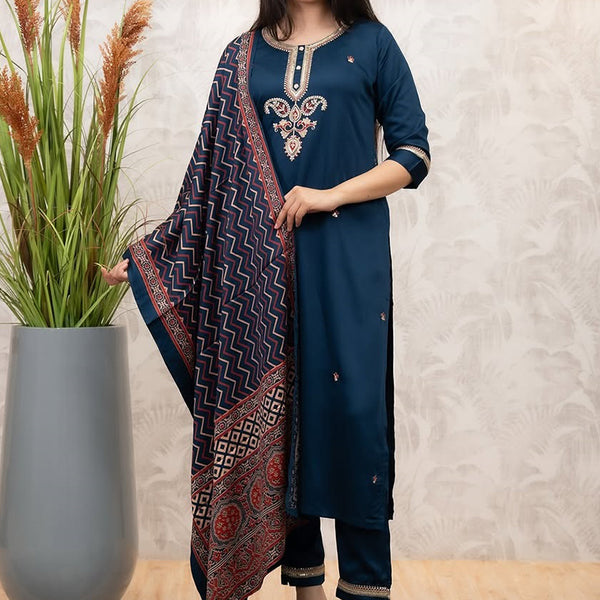 Vellora Viscose Chanderi Navy Blue Casual Wear Embroidery Work Readymade Salwar Suit - Distacart